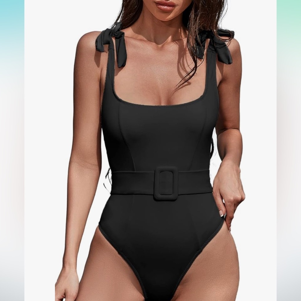 QINSEN Black One Piece Swimsuit Adjustable Tie Straps Elastic Belt Bathing Suit